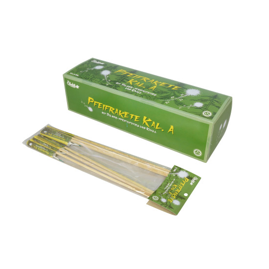 Pfeifrakete Kal. A mit Silberschweifaufstieg und Knall